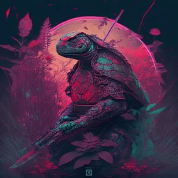 turtle samurai, iridescent, blood, futuristic, guts, wildflower, cosmic, intricate, darkred tones,sidhe, ominous, nature, plants, spce,