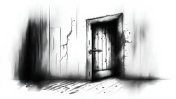 sketch of a scary dark wall with a locked door white background