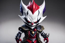 Chibi Shaco venom in 8k live action artstyle, white clown mask, close picture, intricate details, highly detailed, high details, detailed portrait, masterpiece,ultra detailed, ultra quality