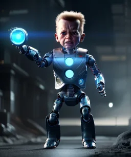 The Terminator toddler, robotic eye, robotic arm, full body, dramatic lighting, angry, hyper realistic