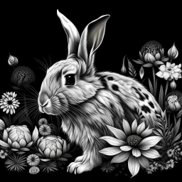 a beautiful rabbit between clear seeds and big flowers black background .black and white colors. for coloring . with grayscale