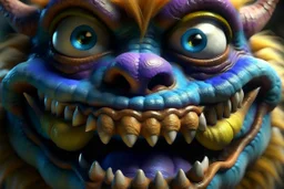 closeup of a smiling monster's face, big teeth, fur, bumps and horns, my pet monster inspiration, urban character design