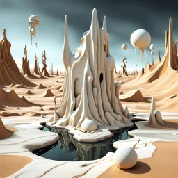 Dark, creepy, 3d, marble-like, surreal objects in a bright environment, desert, noon light, melting cream, Yves Tanguy style