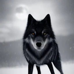 A captivating, monochromatic photograph of an ethereal black wolf in a snowy landscape, with a tight focus on its piercing gold eyes and striking fur details, evoking a sense of mystery and otherworldliness.