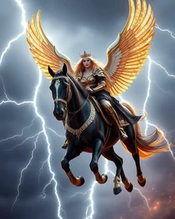 wide angle facing front photography fantasy art,Beautiful Queen warrior drive black horse flying on darkstrom lightning high sky, beauty colors full body A Length image of very beautiful Super model woman,long hair blond as an Beautiful Archangel with wings made from metal craft, dressing luxurious golden and black color armor ornaments combination fully crystals diamonds stone,luxury boots shoes,she on drive horse on the high sky darkstrom