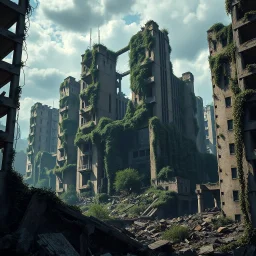 A hyper-realistic photo, Ultra realistic photo, desolate cityscape, with broken buildings and a thick layer of vines and foliage covering the ruins., futuristic style, HOF, captured with professional DSLR camera,64k, ultra