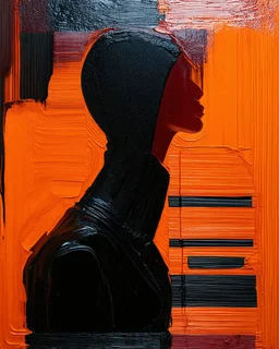acrylic oil painting of a null liminal juxtaposition by arafed exaggeration, oversized parts, exaggerated head, excellent verticals, amazing reflections, obsidian black glass win vivid orange tint strokes