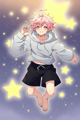 An androgynous young man with tousled pink hair and golden eyes floating among the stars wearing a light blue hoodie and black board shorts. He is smiling softly and holding a star in one hand.
