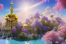 gold blue pink crystal russian PALACE, sun,swanns,waterfall, BLUE LAKE, SWANNs,fuksia bugainvillier flowers, jacaranda violet trees, sky pink blue, full of details, smooth, bright sunshine，soft light atmosphere, light effect，vaporwave colorful, concept art, smooth, extremely sharp detail, finely tuned detail, ultra high definition, 8 k, unreal engine 5, ultra sharp focus