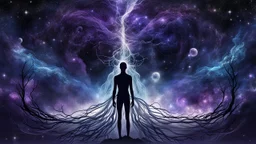 abstract 2d digital art graphic and ink montage,. Deep dark purple ,galaxy background with nebulas, human nervous system with fade little lights , white-dark blue-pale gray and black colors, Clean composition with strange surreal vibe, emotional, abstractions, neurodivergens soul and mind, cinematic, thriller, human dark shilouette floatings
