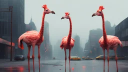 three giraffe-headed flamingos with giraffe neck and head and giraffe pattern, standing in a gloomy cyberpunk downtown kerbside in overdrive, acrylic and oil, minimalist, cinematic, dramatic, (glitch deconstruction:1.7), centered,, amazing verticals, excellent parallels