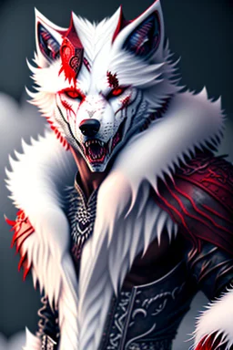 Feral, White fur, Werewolf, Red eyes, character, waist up portrait, oil on canvas, expert, insanely detailed, 4k resolution, cinematic smooth, intricate detail,