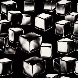 a HAND DRAWN BLACK AND WHITE ICE CUBE SITTING ON A SLICK BLACK SURFACE