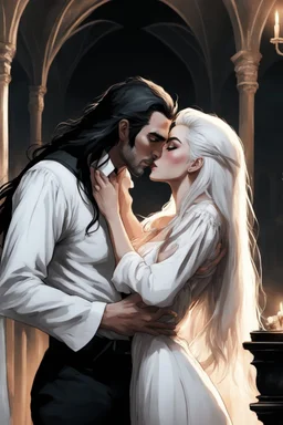 Strahd Von Zarovich being kissed by a beautiful woman with white hair, wearing an off the shoulder dress. Settling and background are a lavish toomb with an ebony coffin.