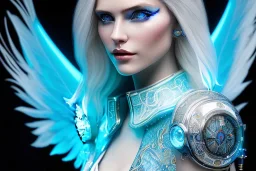 A beautiful portrait of a cute smiling cyberpunk woman with wings, long blond platinum hair, luminous blue eyes, high key lighting, volumetric light high details with blue and white stripes and feathers and white luminous celtic paterns, beam starry background