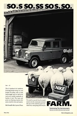 so so so so super sexy print ad from the 80s, mcdonalds ad from the 80s, mac computer ad from the 80s, featuring a landrover being fixed at a farm. sheep are all over the place, company name in bold (AUTOFARM), nike print ad style, mac computer ad from the 80s, 1950s print advertisement