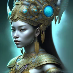 Sango fantasy, fantasy magic, intricate, sharp focus, illustration, highly detailed, digital painting, concept art, matte, art germ and Paul Lewin and Kehinde Wiley, masterpiece Mayan princess dancer head bronze feather's' Asian Latin girl nice breast Thai hair turquoise silver blue sky