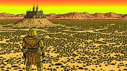 Desert warrior from behind looking at a city in the distance, comic style
