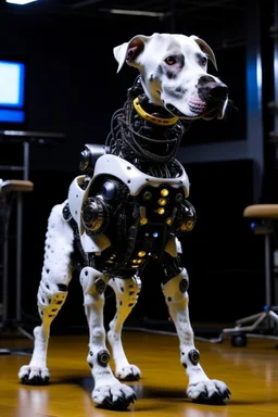 The chien cyborg aboie dance un studio de radio