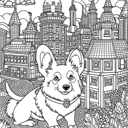 coloring pages for adults, Corgi, Quirky, In the style of Bravest Warriors, Urban city background, Excited Mood, Fine Lines, Low Detail, --ar 9:16