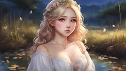 (masterpiece fairytale impressionism, best quality, night:1.3), Environmental portrait, a cute Turkish girl, (((ultra detailed eyes)))), peach skin, lanky, small breasts, amused, wavy hair, ash blonde, elastic hair band, bronzer, wetland background, tundra, In-depth, trending on Pixiv