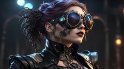 (iridescent:1.5) (diaphanized:1.5) beautiful female (demon scarecrow:1.5) wearing pearlescent black leather clothes and flesh steampunk goggles, sharp focus, ultra detailed, back lit, dynamic lighting, 8k resolution, trending on Artstation, stunning, award winning