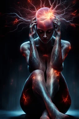 a photorealistic 12k ultra definition of a beautiful woman, sitting pose, her full body exposed in selective shadows, anxiety processes are exposed by being visible on the outside of her head, neurons are seen actively secreting stress hormones, with vibrant, glowing areas representing heightened neural activity and hormone release,dark and mysterious lighting background , epic, gothic photography , explosive and chaotic background, splatter paint effect