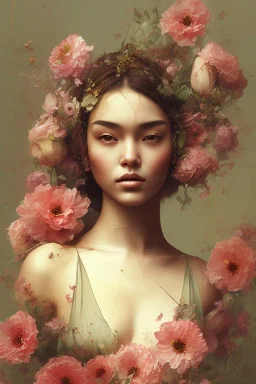 painting of flowers and beautiful girl portrait, scaffolding, decay, mixed media, textured, anatomically correct, beautiful perfect face, sharp focus, highly detailed