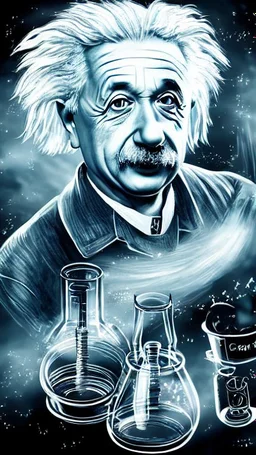 Albert Einstein, detailed and intricate calligraphy ink painting of a "cyborg Mad Scientist" holding beakers, outer space Background cosmic fractals, dystopian, concept art, unreal engine 5, god rays, ray tracing, RTX, lumen lighting, ultra detail, volumetric lighting, 3d, finely drawn, high definition, high resolution. award-winning: professional portrait: atmospheric: commanding: fantastical: clarity: 16k: ultra quality: striking: brilliance: stunning colors: amazing depth: masterfully crafted
