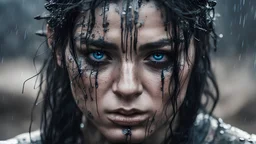 A high detailed closed up portrait of a warrior woman that has black hair and blue eyes and is tired and wet due to rain and a little mud, her lips is glorious .photo, dark fantasy , cinematic