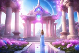 bellissima ragazza del futuro in piedi davanti a un tempio magico di un altro pianeta con tetto aperto in stile ferico con natura e fiori rosa e azzurri e cristalli e gemme in giardino con due colonne di luce e cielo aperto luminoso.