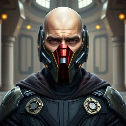 star wars bald male corellian jedi wearing gunmetal grey and black old republic armored flightsuit and breath mask with gold and metallic red trim inside the jedi temple, centered head and shoulders portrait, hyperdetailed, dynamic lighting, hyperdetailed background, 8k resolution, volumetric lighting, light skin, fully symmetric details