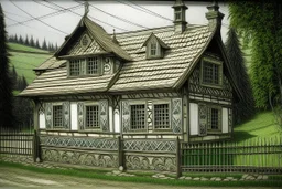 schita cu tema casa taraneasca din Bucovina , incadrata bine in rama , hasurat cu linii fine , cu mare acuratete si contrast , stil gravura pe metal