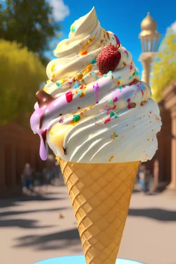 extravagant luxury icecream with extras, on sunny day, bokeh, vibrant color, 8k, RTX, realistic, 3D, Salvador Dali, Alma-Tadema