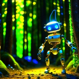 portrait of a cute chat robot walking tight rope in an underground grove, in the style of dali, 8k, down-light, soft light, depth of field, photo realism, trending on art station, high detail,