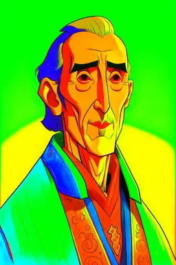 A portrait of Christopher Lee in his early forties as an elf mage, dressed in expensive medieval shirt, in the style of Genndy Tartakovsky