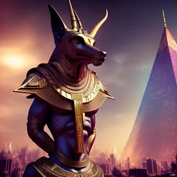 A portrait post-apocalypse of Jackal Egyptian God Anubis ,in a sin city pyramid, sci-fi fantasy style, volumetric lighting, particales,highly detailed,cinamatic,8k,3D,fire and black deep colours,ignore NSFW.