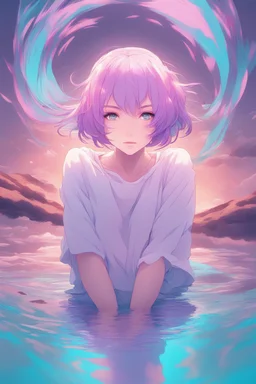 A stunning Anime girl suspended in a kaleidoscope of colors, captured in a photorealistic, cinematic photograph, as if plucked from a dream sequence. Her vibrant turquoise hair flows like a river, contrasting with the muted, earthy tones of her skin, set against a gradient of iridescent pinks and purples, evoking a sense of ethereal mysticism. Soft, cinematic film grain textures the image, infusing it with a sense of nostalgic warmth, as if lit by the flickering lights of a vintage cinema.