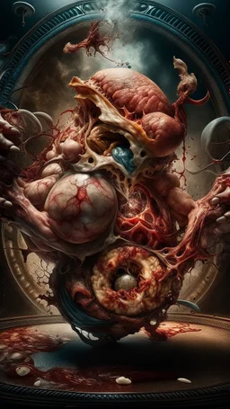 cinematic gore Bosch vs Dali style photorealistic photo of a mangled embryonic body wrestling itself in a fleshy vortex vortex, of anatomically fragmented, ripped apart again being flayed, skinned alive beating heart, muscles, blood vessels, bowels, entrails are exposed. Visceral anatomy. physiology. Their face and body opens with a zipper. Bosch and Dali inspired hallucinations. mythology. grotesque.