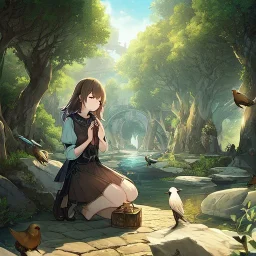 anime girl praying, kneeling, rock trees, birds, creek, hands are very detailed and precise