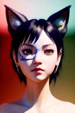 Miqo'te character, physically fit, facepaint, waist up portrait, intricate, oil on canvas, masterpiece, expert, insanely detailed, 4k resolution, retroanime style, cute big circular reflective eyes, cinematic smooth, intricate detail , soft smooth lighting, soft pastel colors, painted Renaissance style