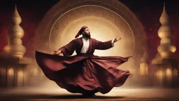 Hyper Realistic Sufi Whirling with Golden, Maroon & Black Islamic Sufi Rustic Grungy Background with Islamic Architecture at night with Whirling wind