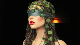 Abstract art, collage, Thomas Ligotti, mannequin world, in space they can't hear you scream, Dave McKean, inspired by Zdzislaw Beksinski's nightmarish paintings, Wassily Kandinsky, double exposure, sunset, gnostic tragedy, sinister, woman, long hair made of shiny texture, blush, blindfolded, Vine design, Surreal, Futuristic, Black open background, Peach skin, Leafy textures, Shiny plastic, Organic aesthetics, Rose red hue, green leaves, alien design, mutant structure, red mouth, bizarre aestheti