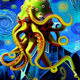 Dibujo al oleo de un hombre pulpo pintado con muchas nubes de colores estilo Vincent van Gogh