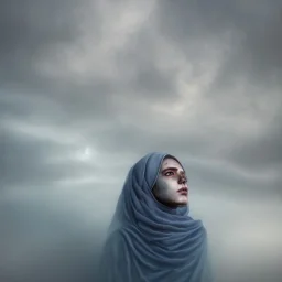 clouds of fog as woman's face, dissolving, disintegrating, wearing blue hijab, fine detail, highly intricate, wearing blue hijab, modern surrealism painting, high-quality, volumetric lighting, 8k, ultrahd, George Grie, Marco Escobedo, Igor Morski, Brian Froud, Howard Lyon, Selina French,