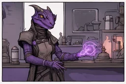 a black and purple, female argonian artificer who uses Tesla coils, skinny, wearing little armor and a cloak, in her lab