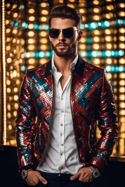 Full body Real photography handsome man super model European on fashion style dressing luxury jacket diamonds patterns,sunglasses,turn on music DJ player in disco club