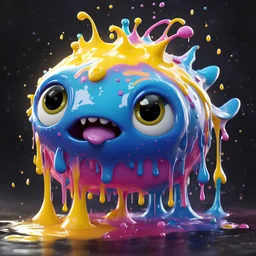 ((gooey melting creature)), pixar animation style, large white eyes, whimsical fluid form, ((dripping)), yellow, blue, pink drizzle, adorable and cute, photorealistic cg, 3D concept art, dark background, playful, soft smooth lighting, highly detailed, stylised and expressive, sharp, wildly imaginative, skottie young, 3d neon graffiti, pop surrealism, rainbow coloured sprinkles, pop candy toppings , smooth texture, cgsociety, Maya render, ray tracing, industrial light and magic