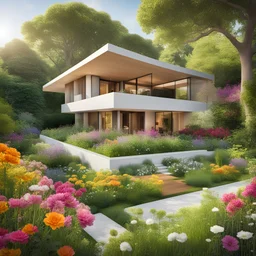 An enchanting square-shaped house integrated into a vibrant garden, surrounded by colorful flowers and lush greenery, showcasing modernist architecture bathed in warm sunlight, Photorealistic architectural photography, using a DSLR camera with a 50mm lens