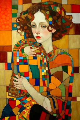 Woman in the style of argon Schiele + Gustav Klimt. Rich, lovely colors, full cubism style